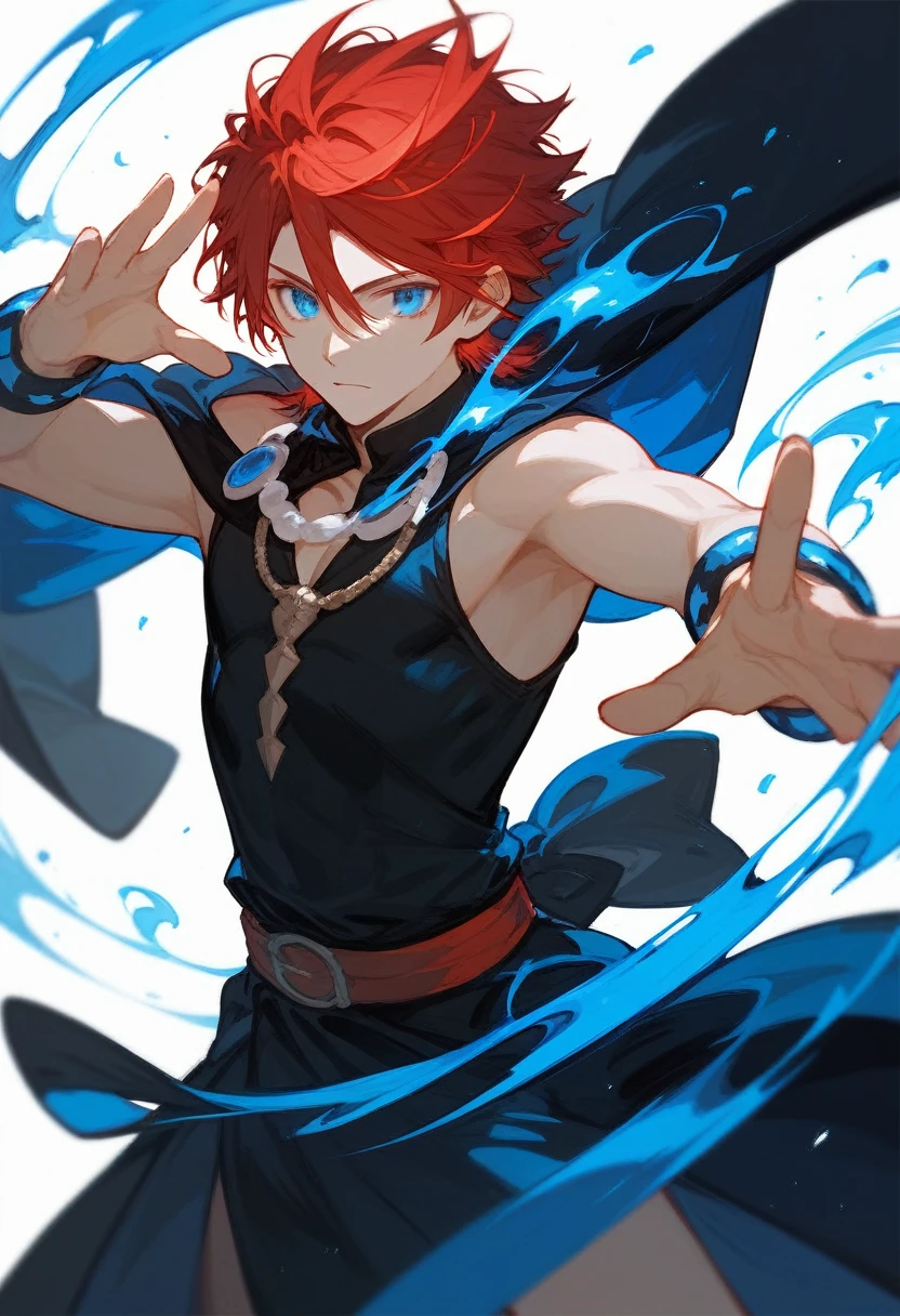 (score_9,score_8_up,score_7_up),1male,red hair,blue eyes,shaman black dress,hansome_face,holding grimoire book with dynamic pose To cast magic, lengan kananya hanya tulang