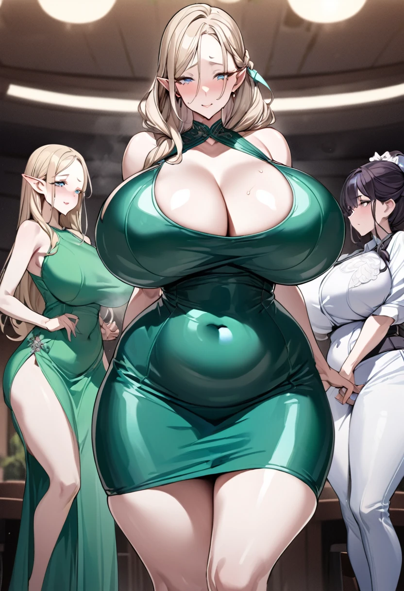 最high quality, 8k, High resolution, high quality, masterpiece, beautiful, (Anatomically correct:1.2), 40s, A beautiful woman, Silky pale blonde, Braided Hair, Bangs that expose the forehead, 、Light blue eyes, Beautiful Skin, Attractive person, Married Woman, Elf, Soft, swaying huge breasts, Short and plump, Green Dress, Bodycon Dress,  beautiful湖の背景, Model Pose, looking away, (steam), Three women standing side by side,