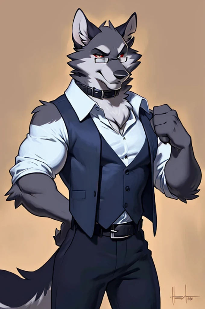 solo:1 vortex:0.8 \(helluva boss\), hellhound, skinny:1, masculine:1.2, black body, grey fur, red sclera, white eyes, male, (correct anatomy):1, solo, bare paws, red eyelids, black pupils, glasses, blue:2.4 vest, black collar, collared (white shirt):1.4 long sleeves, black pants, belt, by takemoto arashi, by meesh, by Taran Fiddler)