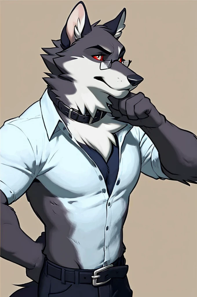 solo:1 vortex:0.8 \(helluva boss\), hellhound, skinny:1, masculine:1.2, black body, grey fur, red sclera, white eyes, male, (correct ???????):1, solo, bare paws, red eyelids, black pupils, glasses, blue:2.4 vest, black collar, collared (white shirt):1.4 long sleeves, black pants, belt, by takemoto arashi, by meesh, by Taran Fiddler)