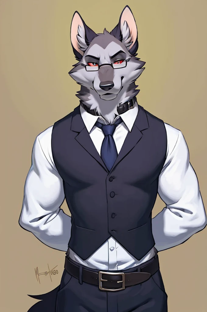 solo:1 vortex:0.8 \(helluva boss\), hellhound, skinny:1, masculine:1.2, black body, grey fur, red sclera, white eyes, male, (correct anatomy):1, solo, bare paws, red eyelids, black pupils, glasses, blue:2.4 vest, black collar, collared (white shirt):1.4 long sleeves, black pants, belt, by takemoto arashi, by meesh, by Taran Fiddler)