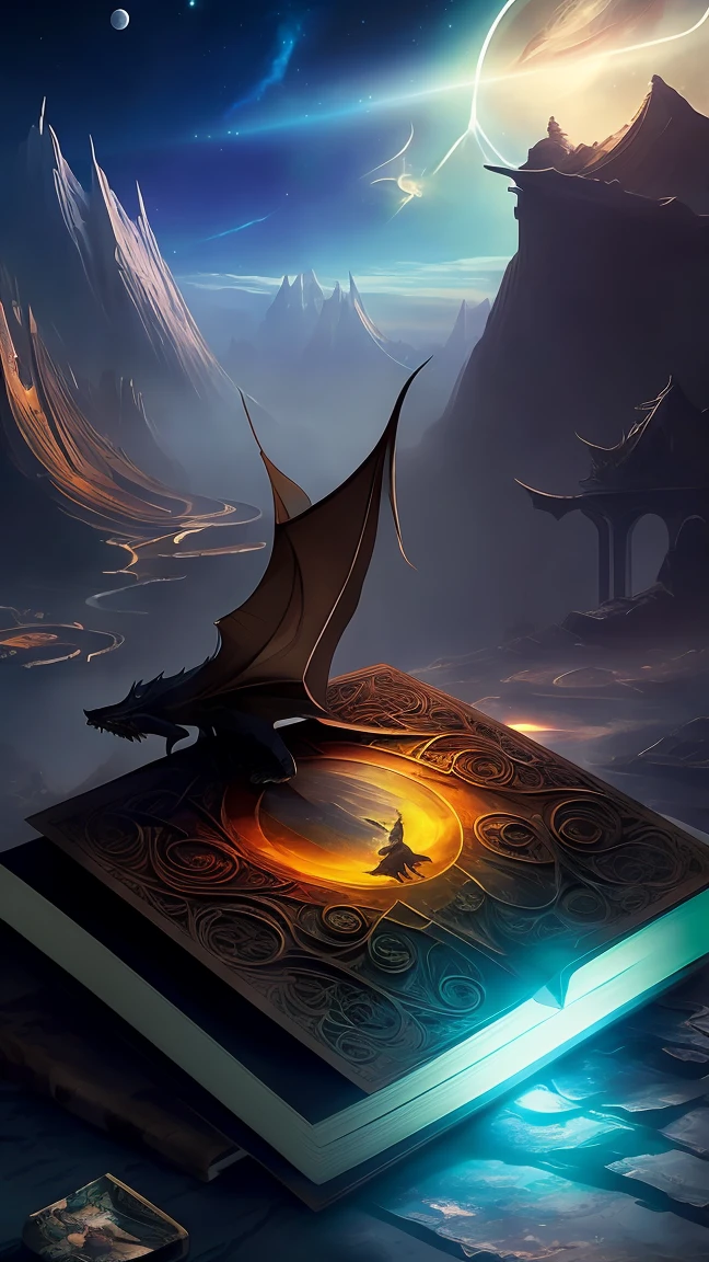 An open-cover book floating in the center of the image, with pages scattering as if being turned by an imaginary wind. Each page displays varied scenes and elements representing different genres and worlds, like dragons in a medieval kingdom, spaceships in the distant future, post-apocalyptic settings and mystery characters.Ao redor do livro, there is a halo of ethereal light, symbolizing creativity and freedom. Stars and nebulae may be visible in the background, suggesting the idea that imagination is limitless and without borders.Image style should be vibrant and dynamic, with rich details that capture the essence of different worlds and stories. This will help convey the idea that anything can be created and explored in the "Master of Narrative".