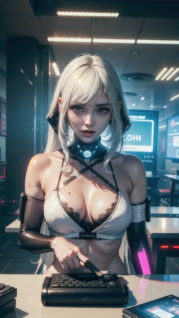 ((Best quality)), ((masterpiece)), (highly detailed:1.3), 3D, beautiful (cyberpunk:1.3) female hacker with thick voluminous hair operating a computer terminal, computer servers, LCD screens, fibre optic cables, corporate logos,HDR (High Dynamic Range),Ray Tracing,NVIDIA RTX,Super-Resolution,Unreal 5,Subsurface scattering,PBR Texturing,Post-processing,Anisotropic Filtering,Depth-of-field,Maximum clarity and sharpness,Multi-layered textures,Albedo and Specular maps,Surface shading,Accurate simulation of light-material interaction,Perfect proportions,Octane Render,Two-tone lighting,Low ISO,White balance,Rule of thirds,Wide aperature,8K RAW,Efficient Sub-Pixel,sub-pixel convolution,luminescent particles, sin ropa