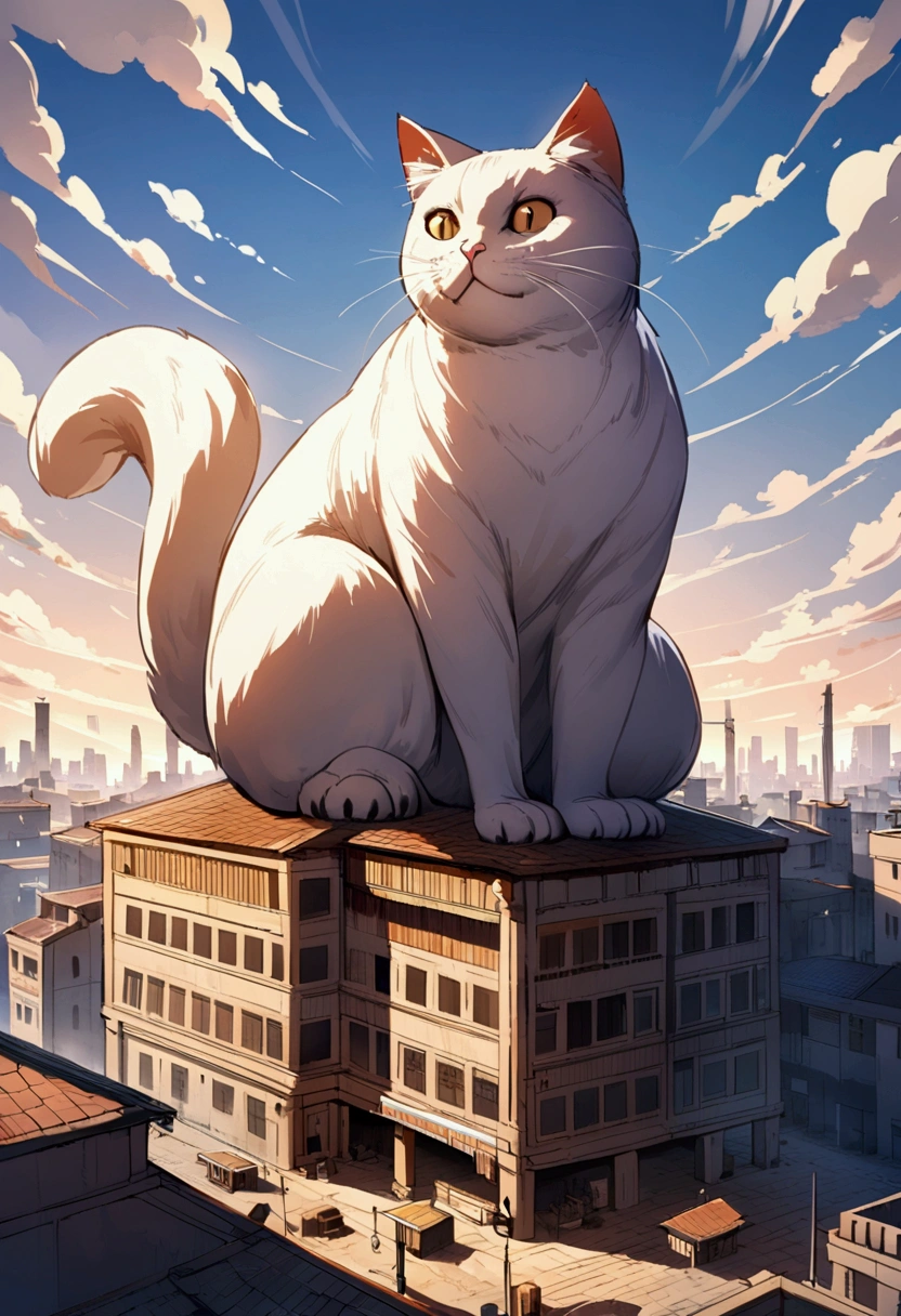 A giant cat straddling a building