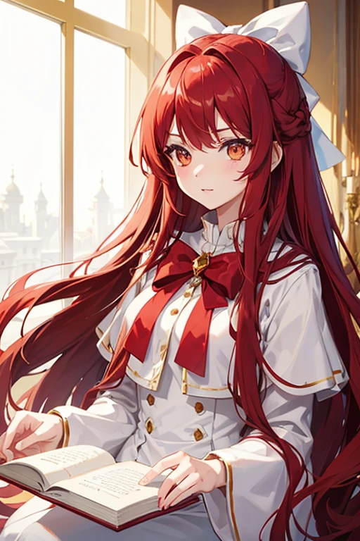 Make a girl with long red hair, gold eyes, wearing a big white bow, with white clothing that covers the entire body, reading a book