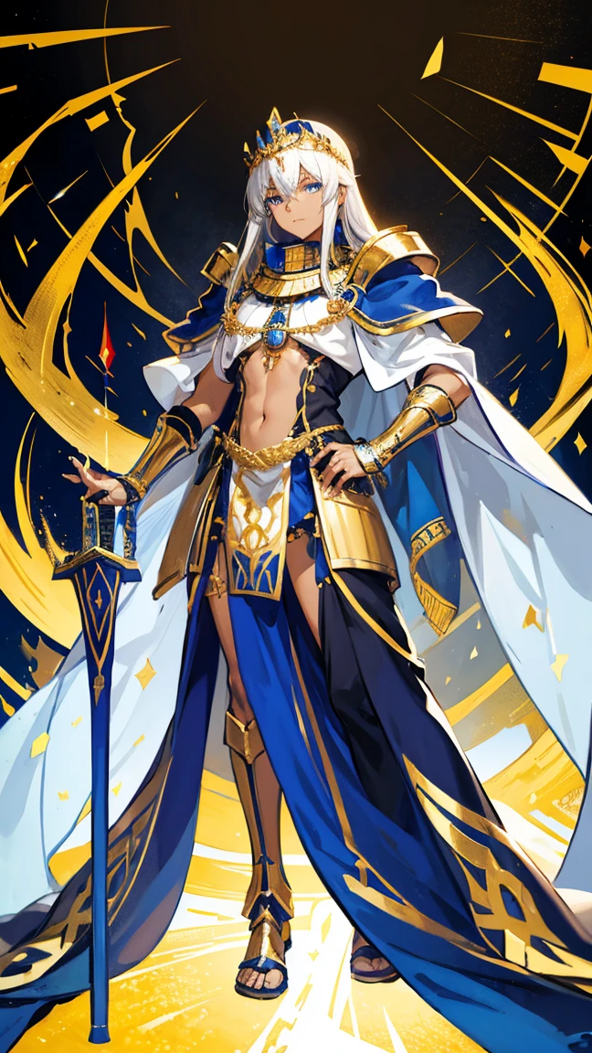 Egyptian crown, artoria pendragon \(fate\), blue robes, golden bracelets, Egyptian accessories, white short skirt, artoria pendragon (fate), saberface, (black hair), ((dark skin)), male, man, blue eyes, solo, standing, full-body shot, Egyptian desert background