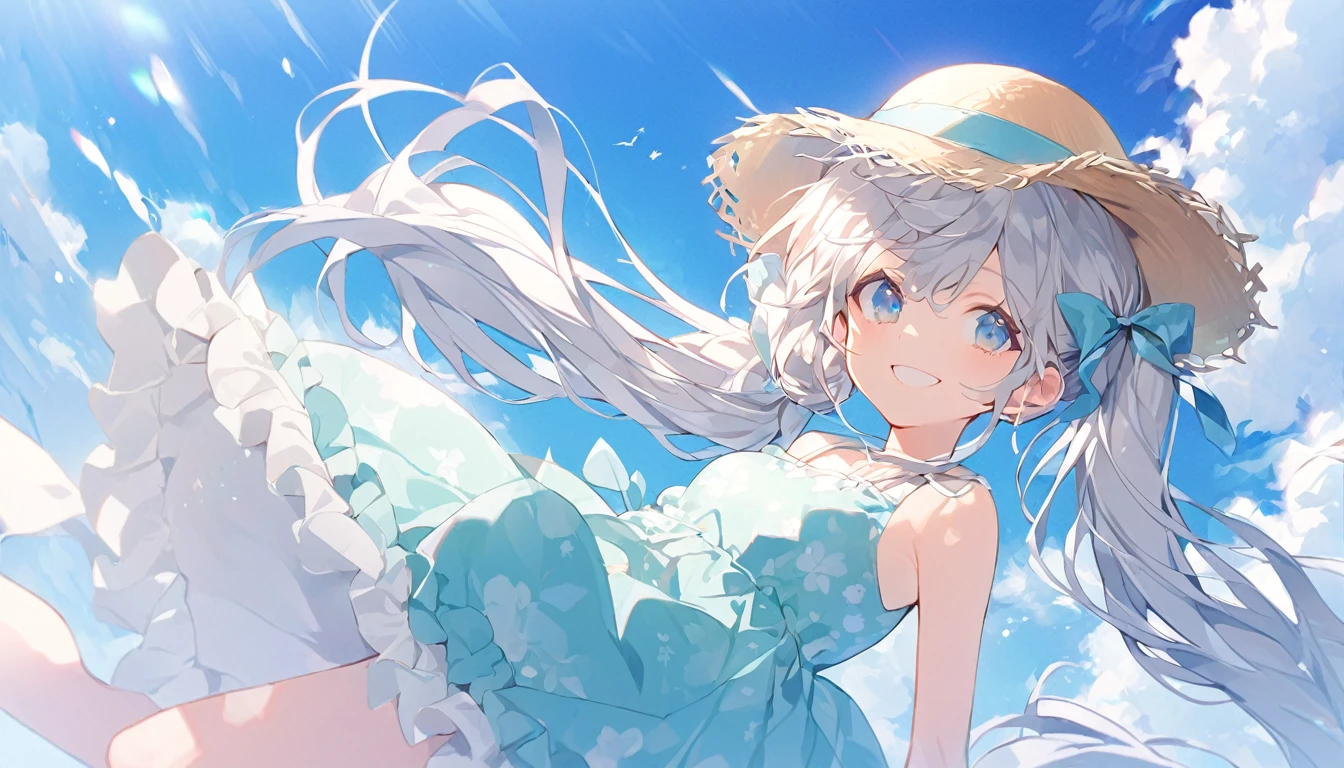 girl、One person、whole body、Silver Hair、long hair、Hair blowing in the wind、Twin tails、Cute hair accessories、A big smile、Frilled dress、under the summer sky、aldult、cool、Wearing a long-brimmed hat、Beautiful blue eyes