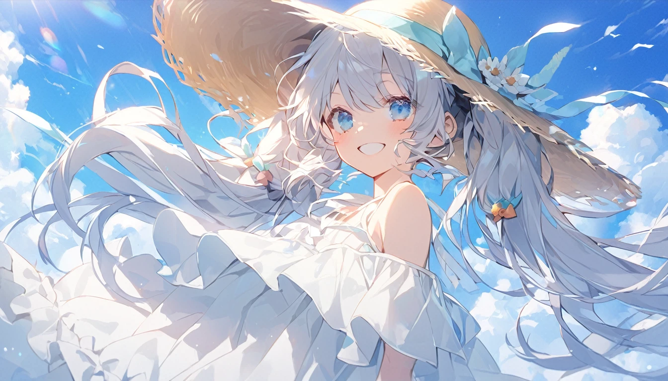 girl、One person、whole body、Silver Hair、long hair、Hair blowing in the wind、Twin tails、Cute hair accessories、A big smile、Frilled dress、under the summer sky、aldult、cool、Wearing a long-brimmed hat、Beautiful blue eyes