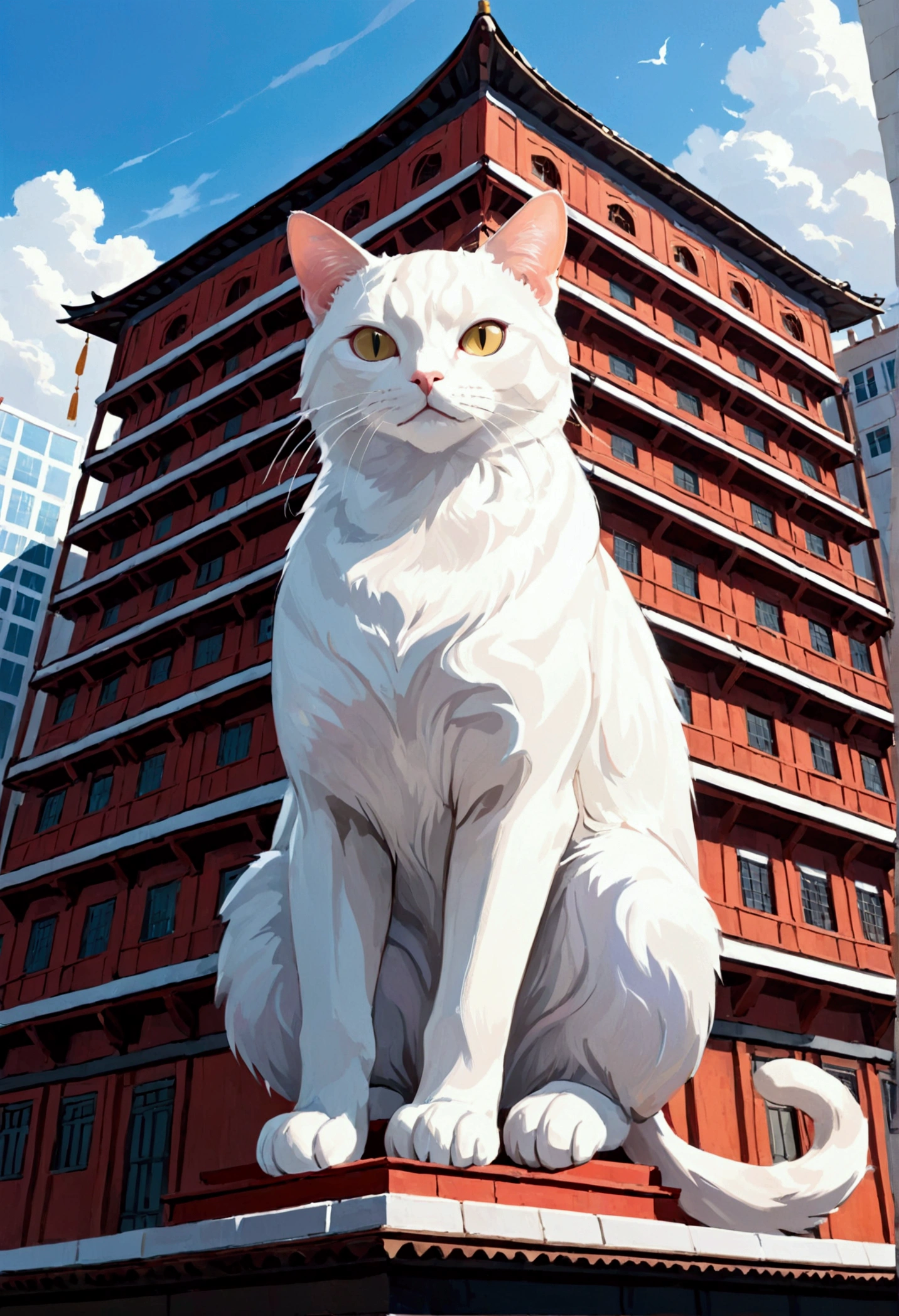 A giant cat straddling a building