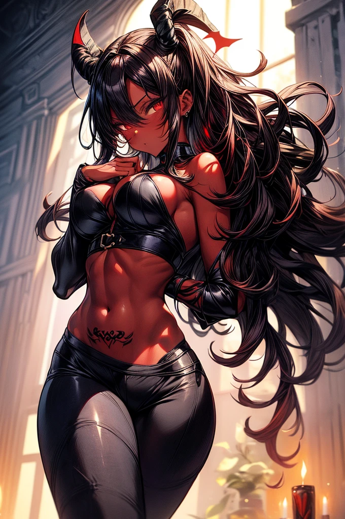 masterpiece, super detailed, high resolution, precision art, highly seductive anime girl. sexy and alluring, flawless dark red demonic skin, succubus, symmetrical face, beautiful olive eyes, flowing black=red hair, her very presence oozes seduction and allure, S-shaped body, black onyx colored horns jutting out her forehead, heart shaped tail protruding from her back, sexy and arousing slender and thin yet chiseled with enticing breasts, intricate and beautiful heart shaped tattoo engraved on her stomach, wearing spaghetti strap crop-top and form-fitting leggings that accentuate her round ass, hip-level shot