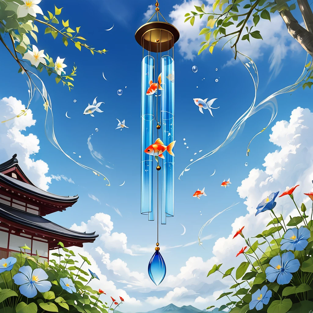 Beautiful Japanese wind chimes (fǔring). The wind chimes are made of delicate glass and delicately hand-painted with summer motifs such as goldfish, morning glories, and fireworks. They play a gentle and pleasant sound as they sway in the gentle breeze. The color of the wind chime is transparent. The wind chime is drawn in the upper right corner. The background is a blue sky and pure white iridocumulus clouds.