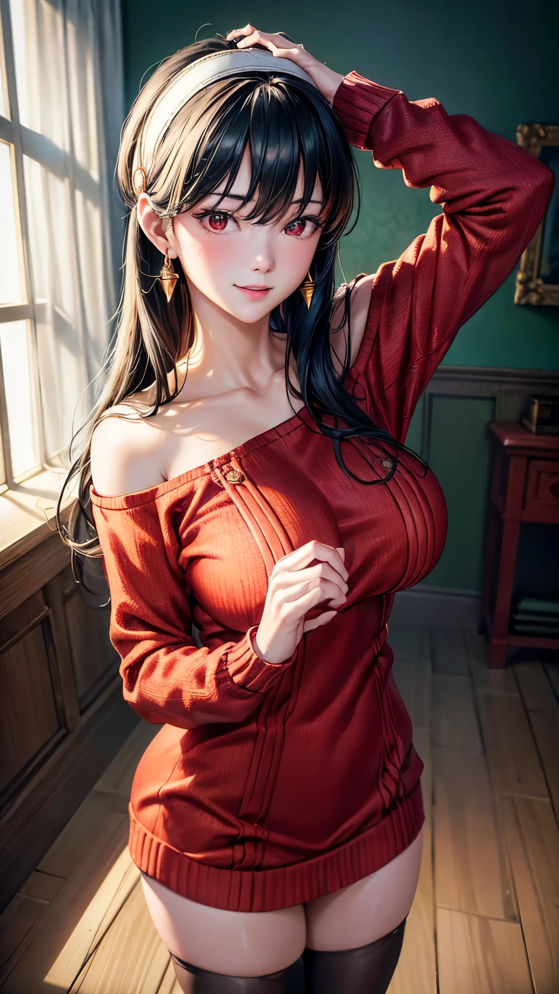(masterpiece, Highest quality:1.3), (Super detailed:1.4),(Super detailed顔:1.2),(Super detailed目:1.2), (hyperRealistic:1.3), (RAW Photos:1.2), High-definition RAW color photos, Professional photos, (PhotoRealistic:1.4), (Realistic:1.4),8k,Professional Lighting, Perfect Anatomy, BREAK,(Big Breasts:1.6),(blush:1.2),(Bright smile:1.2),Yolfoger, High detail, Sharp focus, dramatic,dutch angle,Björf,Black Hair,Long hair short hair,White hair band,Kamimei,Leaning forward,Bring your face closer,Red eyes,Gold earrings,jewelry,Off the shoulder,(Red sweater:1.3),Sweater dress,Long sleeve,Black Pantyhose,Luxury bedroom,(g-string:1.3)