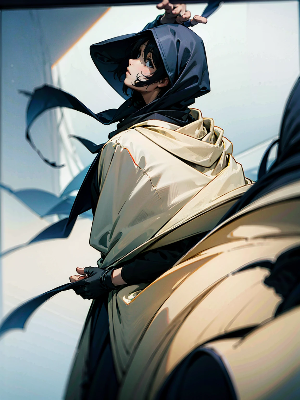 1male, black hair, tied to the back, hood over head, cloak, black yukata, gloves