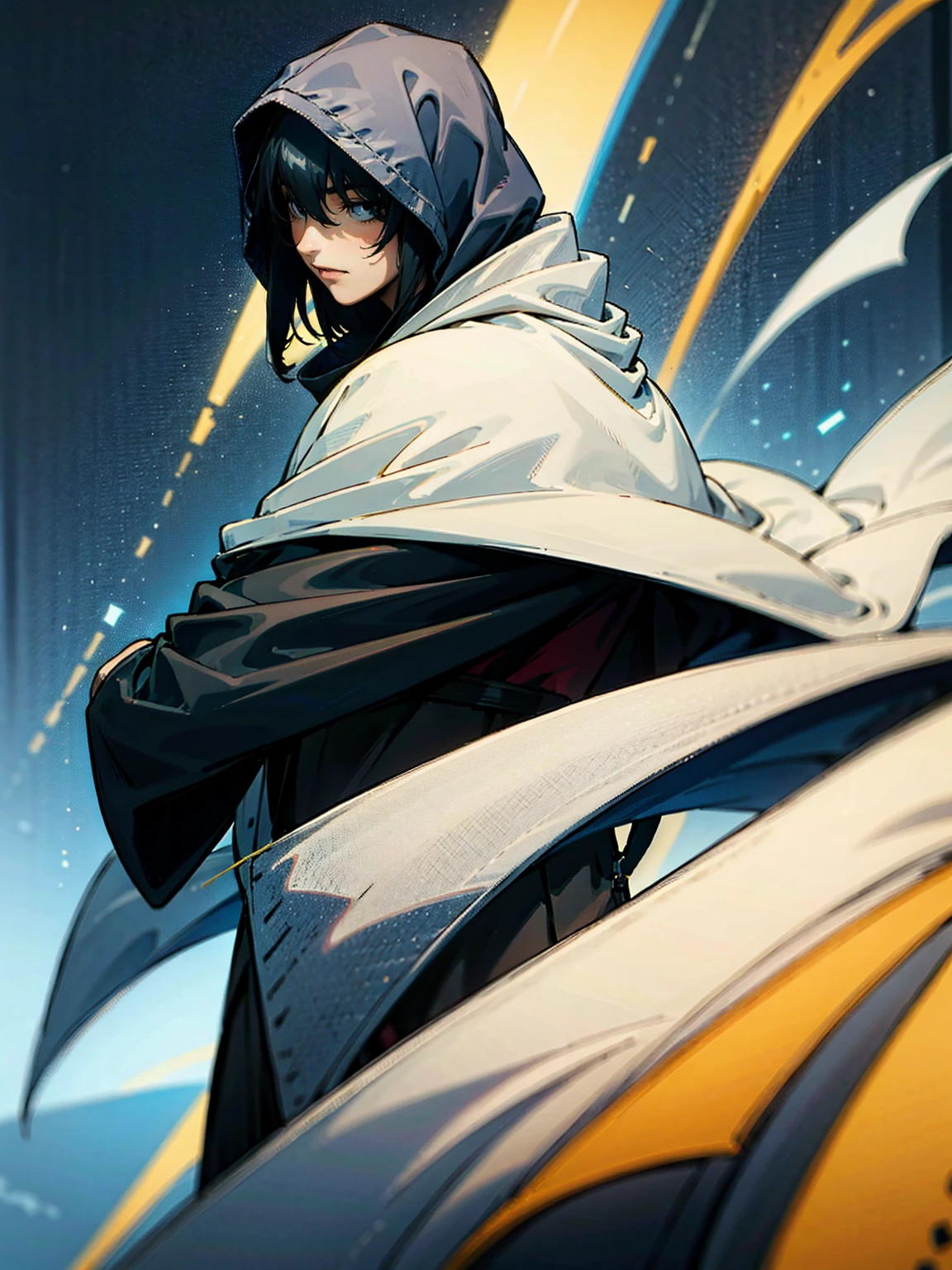 1male, black hair, tied to the back, hood over head, cloak, black yukata, gloves