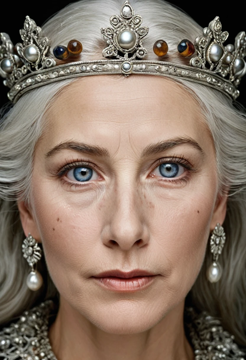 photo of a european medieval 40 year old queen, silver hair, highly detailed face, detailed eyes,, intricate crown, age spots, wrinkles