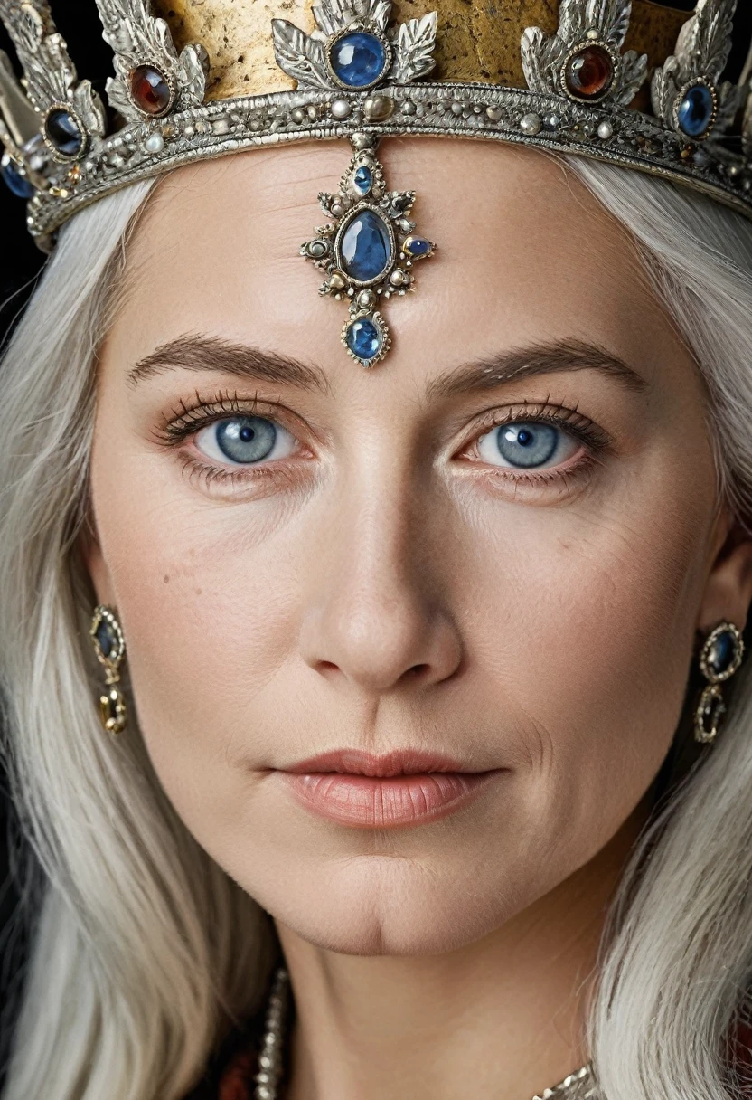 photo of a european medieval 40 year old queen, silver hair, highly detailed face, detailed eyes,, intricate crown, age spots, wrinkles