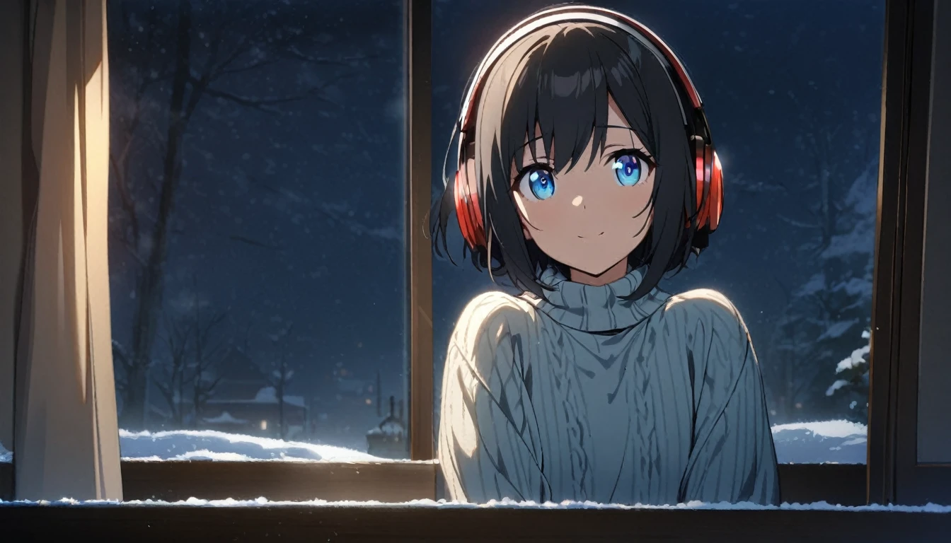 1girl, solo, blue eyes, (detailed eyes), gentle smile on her face flat chest, short hair, black hair, Detailed anime girls, Wearing a large sweater, Wearing headband headphones, praise, quiet, Quiet atmosphere, cold, Looking out the window in the bedroom, night, quiet night, masterpiece, highest quality
