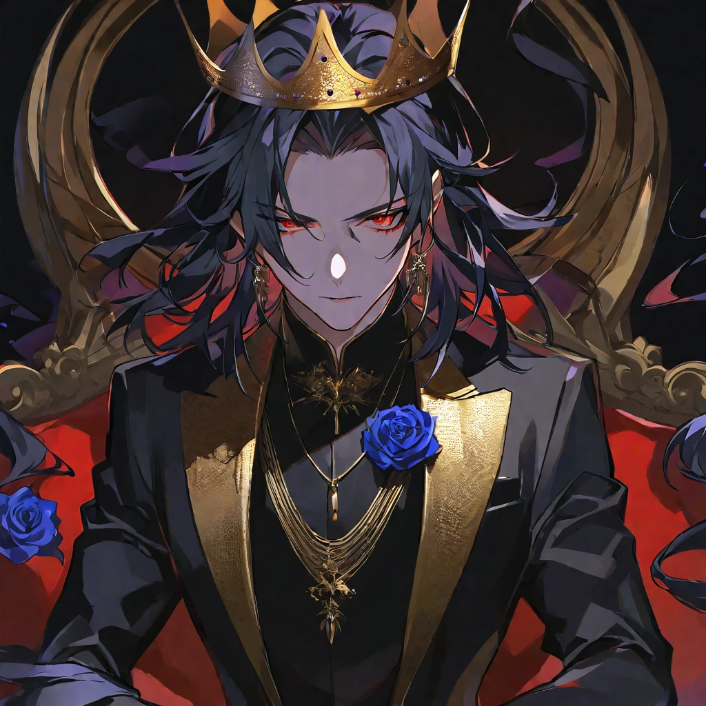 alone,good looking, 
1. male,
bangs,Straight hair,Bob Hair,
Black Hair, 
Satoru Gojo ,noble,
Red eyes,
beautiful,Sexy,darkness,Gold Necklace,
Black suit ,King,crown,Slender,Blue Rose Tattoo,
Black Background ,High resolution, sit,Darkness,devil,Black light,iconSolo, Close-up windy hair, Side braids, 