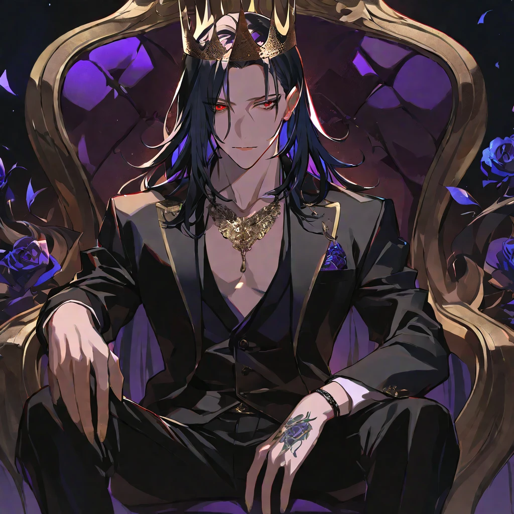 alone,good looking, 
1. male,
bangs,Straight hair,Bob Hair,
Black Hair, 
Satoru Gojo ,noble,
Red eyes,
beautiful,Sexy,darkness,Gold Necklace,
Black suit ,King,crown,Slender,Blue Rose Tattoo,
Black Background ,High resolution, sit,Darkness,devil,Black light,iconSolo, Close-up windy hair, Side braids, 