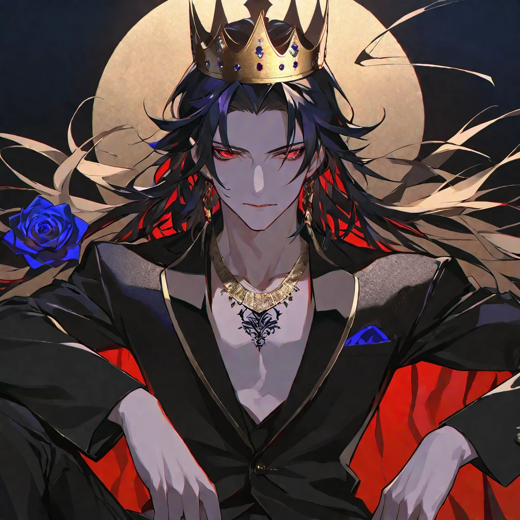 alone,good looking, 
1. male,
bangs,Straight hair,Bob Hair,
Black Hair, 
Satoru Gojo ,noble,
Red eyes,
beautiful,Sexy,darkness,Gold Necklace,
Black suit ,King,crown,Slender,Blue Rose Tattoo,
Black Background ,High resolution, sit,Darkness,devil,Black light,iconSolo, Close-up windy hair, Side braids, 