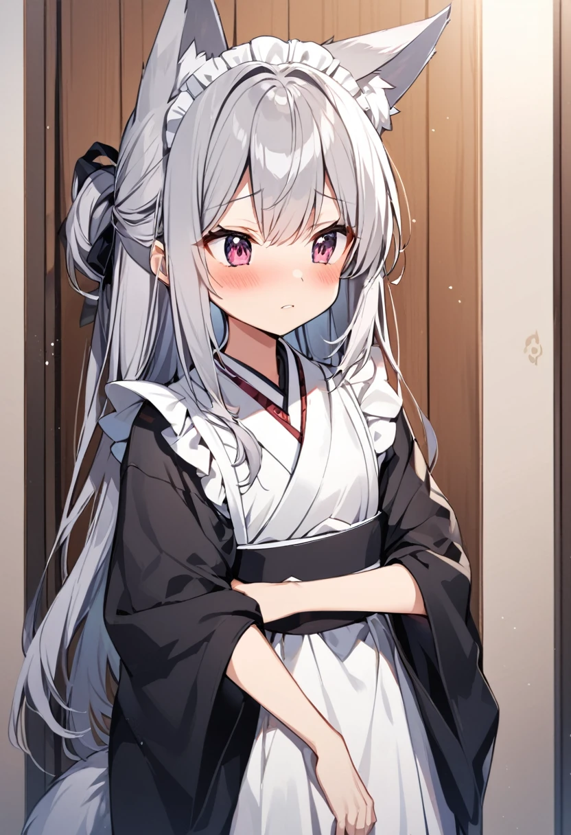 One girl, correct, Animal ears, Grey Hair, Fox Ears, Long Hair, blush, alone, kimono, Maid&#39;s Headdress, White Background, Hair between the eyes, Young Girl,Shiny,Shiny skin,An unparalleled masterpiece, One girl,キツネのYoung Girl,Fox Ears,narrow,correct,kimono,kimono,Shrine maiden,Ofuda, (Very small breasts:1.2), ,Multiple tails,Purple eyes, night, (A big smile),