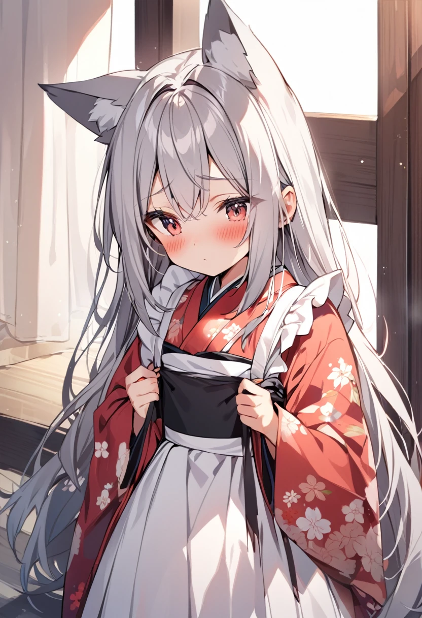 One girl, correct, Animal ears, Grey Hair, Fox Ears, Long Hair, blush, alone, kimono, Maid&#39;s Headdress, White Background, Hair between the eyes, Young Girl,Shiny,Shiny skin,An unparalleled masterpiece, One girl,キツネのYoung Girl,Fox Ears,narrow,correct,kimono,kimono,Shrine maiden,Ofuda, (Very small breasts:1.2), ,Multiple tails,Purple eyes, night, (A big smile),