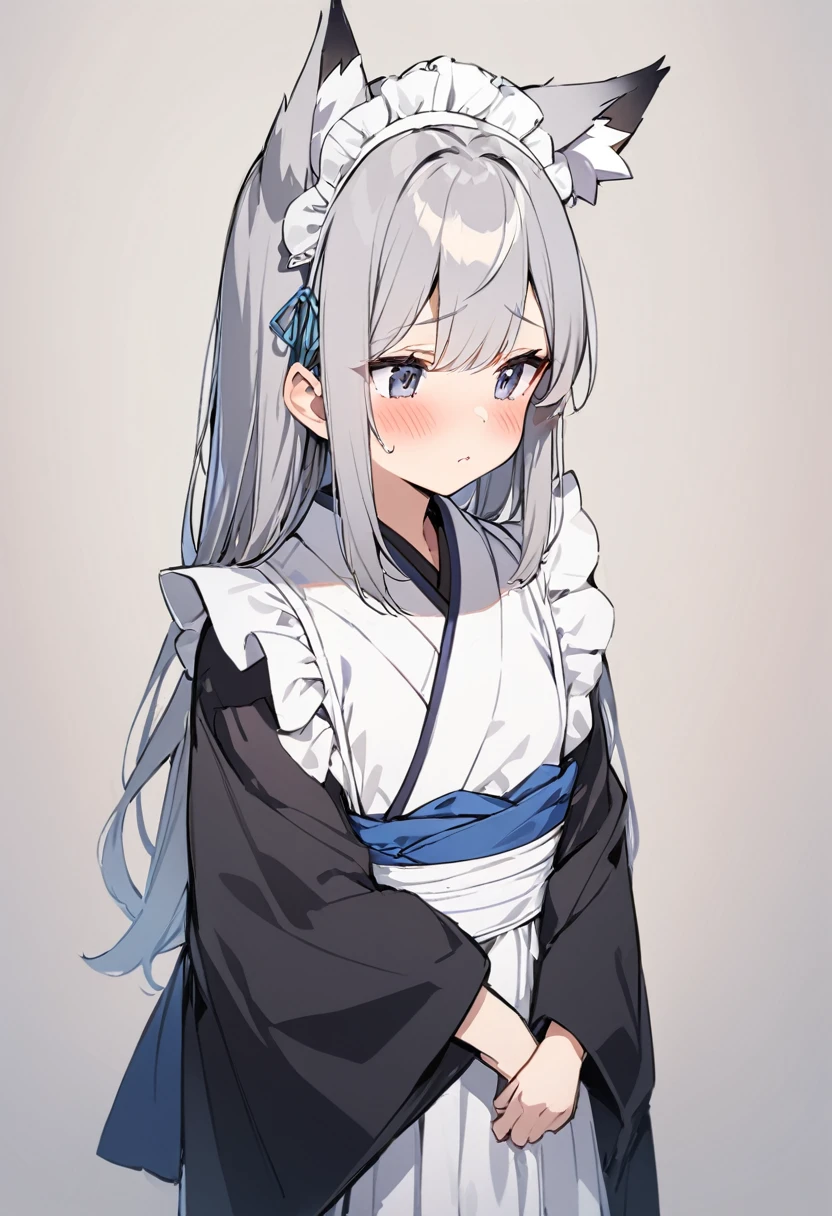 One girl, correct, Animal ears, Grey Hair, Fox Ears, Long Hair, blush, alone, kimono, Maid&#39;s Headdress, White Background, Hair between the eyes, Young Girl,Shiny,Shiny skin,An unparalleled masterpiece, One girl,キツネのYoung Girl,Fox Ears,narrow,correct,kimono,kimono,Shrine maiden,Ofuda, (Very small breasts:1.2), ,Multiple tails,Purple eyes, night, (A big smile),