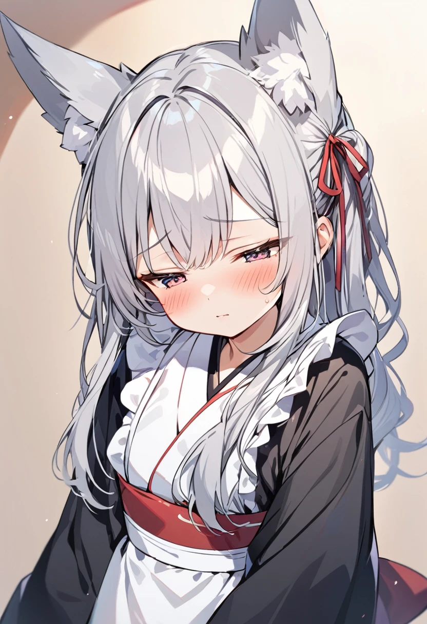 One girl, correct, Animal ears, Grey Hair, Fox Ears, Long Hair, blush, alone, kimono, Maid&#39;s Headdress, White Background, Hair between the eyes, Young Girl,Shiny,Shiny skin,An unparalleled masterpiece, One girl,キツネのYoung Girl,Fox Ears,narrow,correct,kimono,kimono,Shrine maiden,Ofuda, (Very small breasts:1.2), ,Multiple tails,Purple eyes, night, (A big smile),