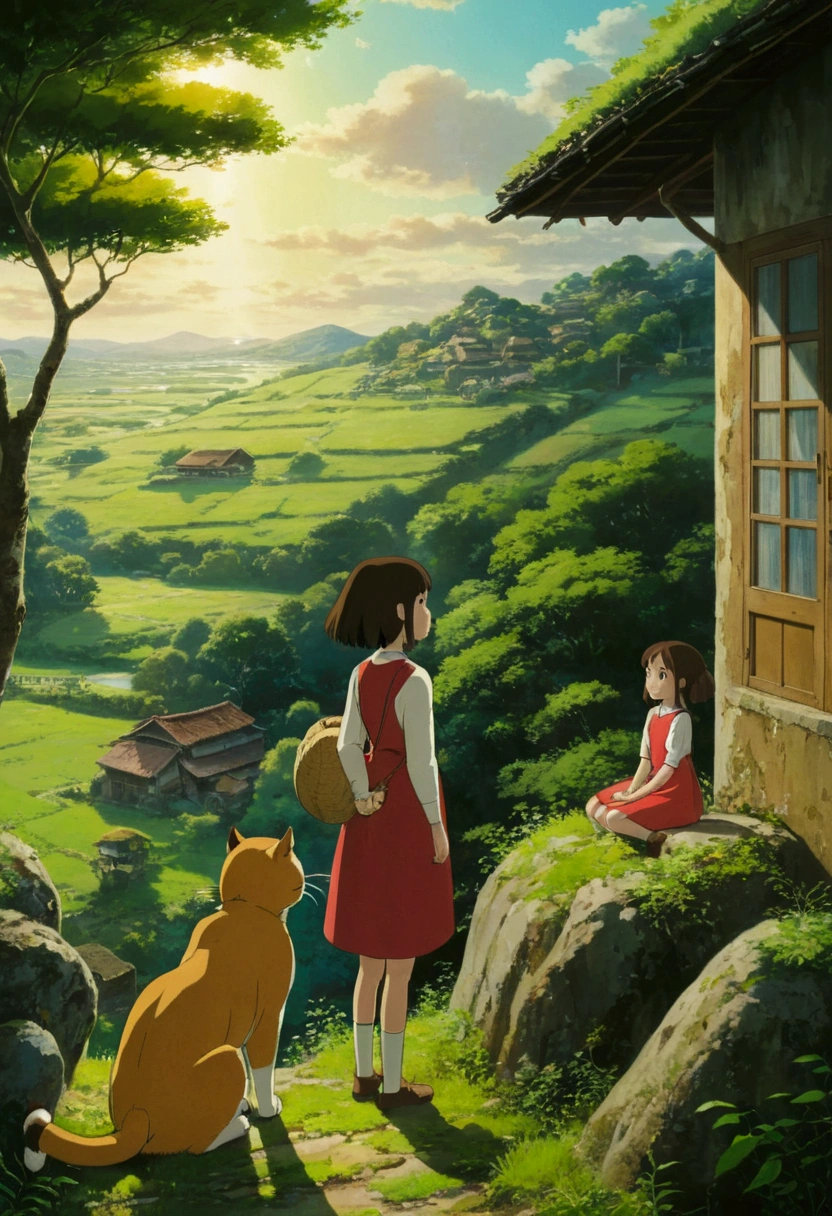 Ghibli　countryside　Big cat and girl