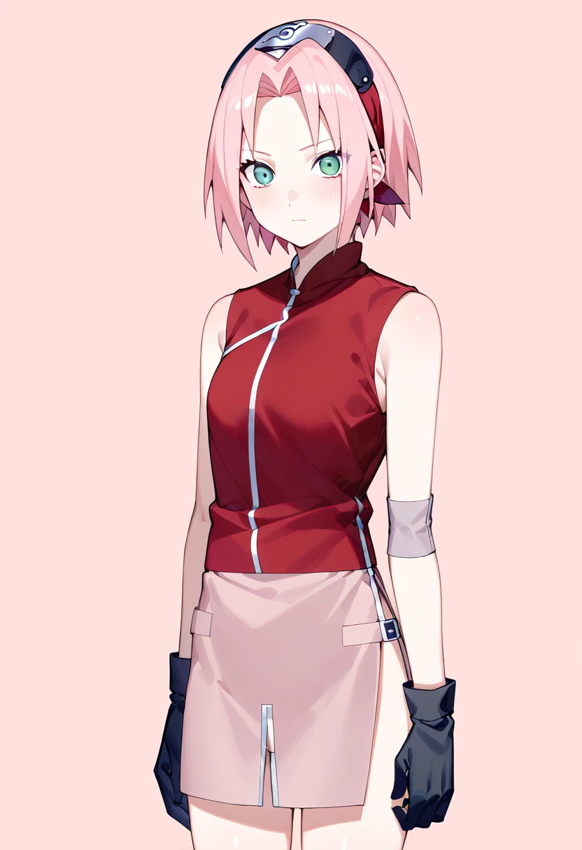 1 girl, Sakura Haruno, pink hair, short hair, green eyes, sleeveless, Red shirt, forehead protector, nice legs, black gloves, standing, Pussy, bottomless,  whole body, looking at the viewer, Alone,  Konoha fondo, Konohagakure Hidden Village Background, adult, 
 