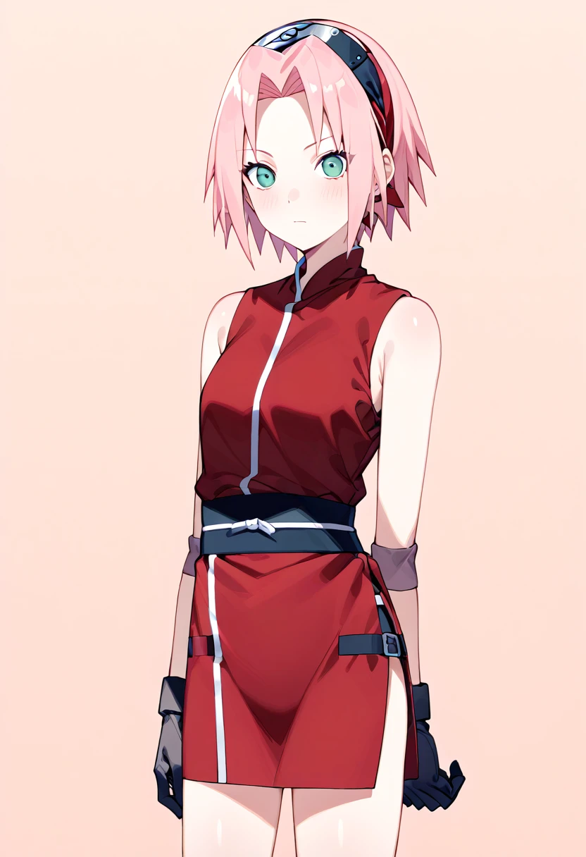 1 girl, Sakura Haruno, pink hair, short hair, green eyes, sleeveless, Red shirt, forehead protector, nice legs, black gloves, standing, Pussy, bottomless,  whole body, looking at the viewer, Alone,  Konoha fondo, Konohagakure Hidden Village Background, adult, 
 