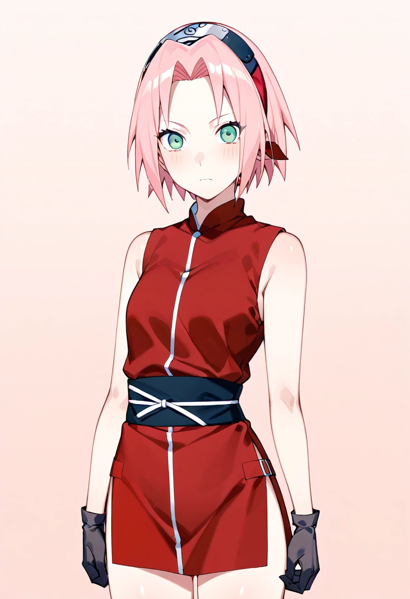 1 girl, Sakura Haruno, pink hair, short hair, green eyes, sleeveless, Red shirt, forehead protector, nice legs, black gloves, standing, Pussy, bottomless,  whole body, looking at the viewer, Alone,  Konoha fondo, Konohagakure Hidden Village Background, adult, 
 