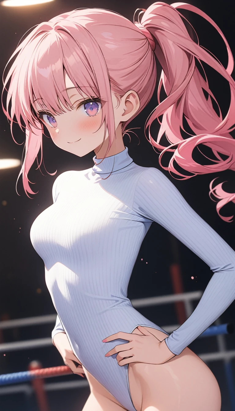 highquality illustration, masterpiece, very delicate and beautiful, attractive girl,(colorful leotard, heattech leotard,tight leotard,long_sleeve leotard,ribbed leotard,high_leg leotard,turtleneck leotard), thin,slender body,slim,gymnastics club,gymnastics athlete,bare legs,gymnasium background,beautiful eyes, light smile,(masterpiece, best quality:1.2), highres, extremely detailed CG unity 8k wallpaper, perfect lighting, Colourful, ultra-high res,4K,ultra-detailed, photography, 8K, HDR, 17 ages,cowboy shot,