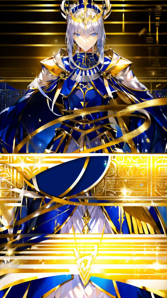 Egyptian crown, artoria pendragon \(fate\), blue robes, golden bracelets, Egyptian accessories, white short skirt, artoria pendragon (fate), saberface, (black hair), ((dark skin)), male, man, blue eyes, solo, standing, full-body shot, Egyptian desert background