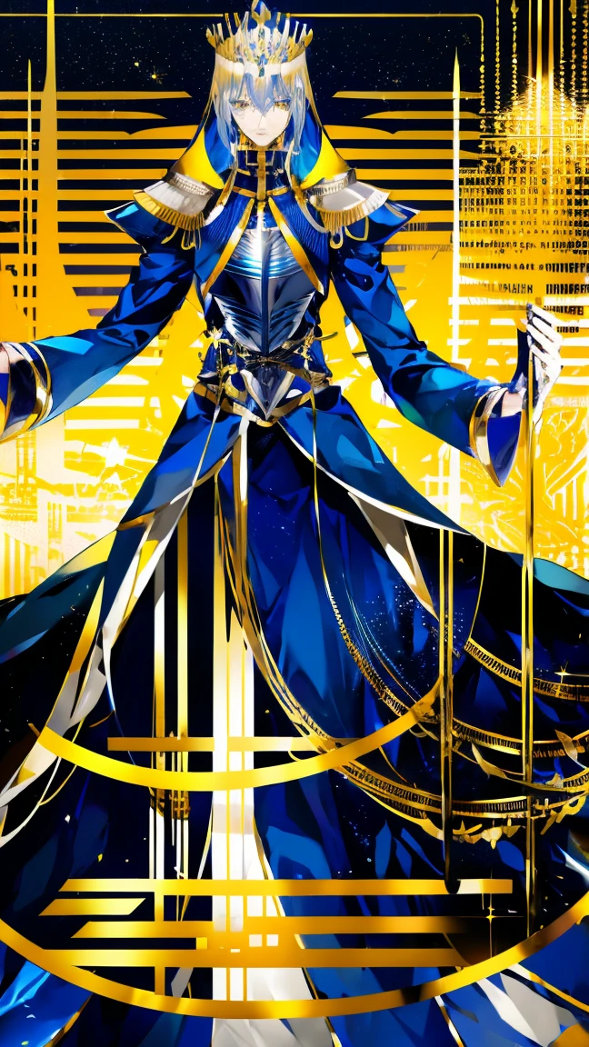 Egyptian crown, artoria pendragon \(fate\), blue robes, golden bracelets, Egyptian accessories, white short skirt, artoria pendragon (fate), saberface, (black hair), ((dark skin)), male, man, blue eyes, solo, standing, full-body shot, Egyptian desert background