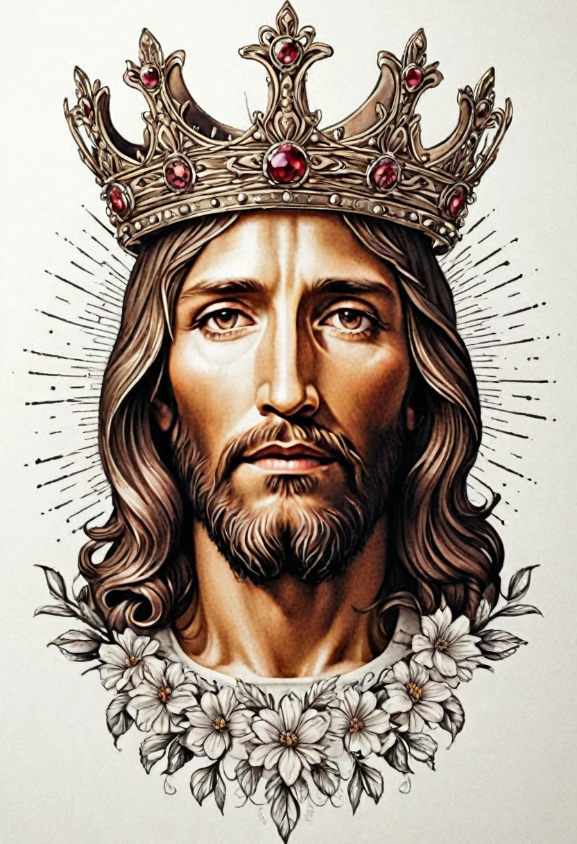 design of a tattoo of Jesus Christ in a crown with flower patterns