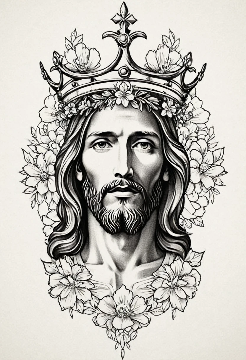 design of a tattoo of Jesus Christ in a crown with flower patterns