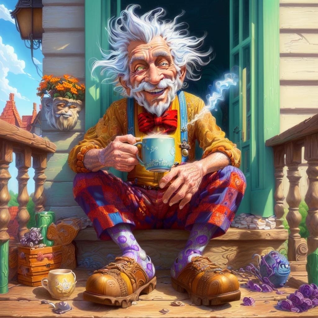 arafed old man sitting on a porch with a cup of coffee, digital cartoon painting art, michael cheval (unreal engine, cartoon digital painting, fantasy art smug smile man, cartoon digital art, inspired by Jacek Yerka, rob mcnaughton, by Igor Grabar, inspired by Ron English, its a deep dream, by Ron English, vibrant cartoon art