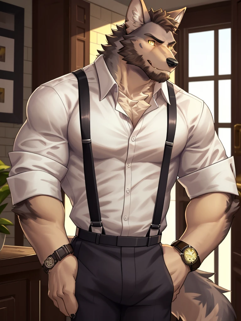 william adler, solo, shirt, 1boy, white shirt, upper body, male focus, collared shirt, pants, looking to the side, suspenders, pectorals, sleeves rolled up, watch, wristwatch, wolf ears, beard, yellow eyes, detailed eyes