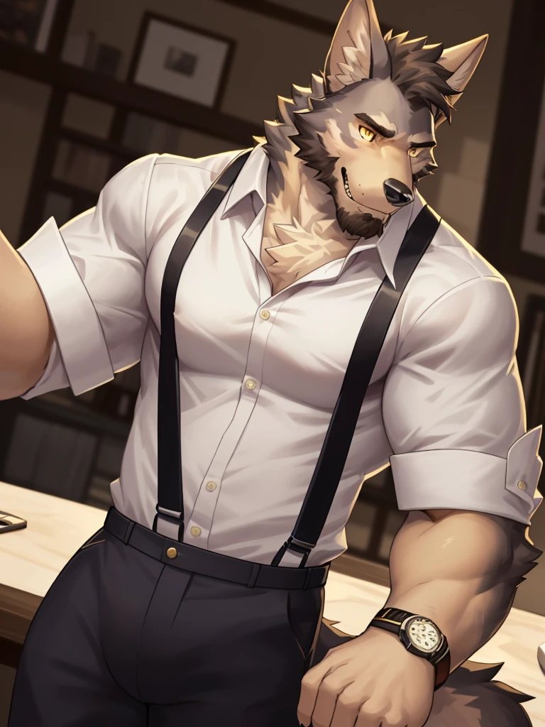 william adler, solo, shirt, 1boy, white shirt, upper body, male focus, collared shirt, pants, looking to the side, suspenders, pectorals, sleeves rolled up, watch, wristwatch, wolf ears, beard, yellow eyes, detailed eyes