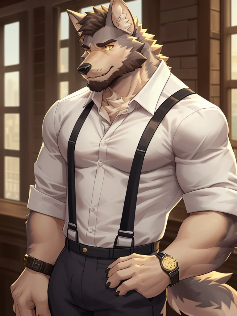 william adler, solo, shirt, 1boy, white shirt, upper body, male focus, collared shirt, pants, looking to the side, suspenders, pectorals, sleeves rolled up, watch, wristwatch, wolf ears, beard, yellow eyes, detailed eyes