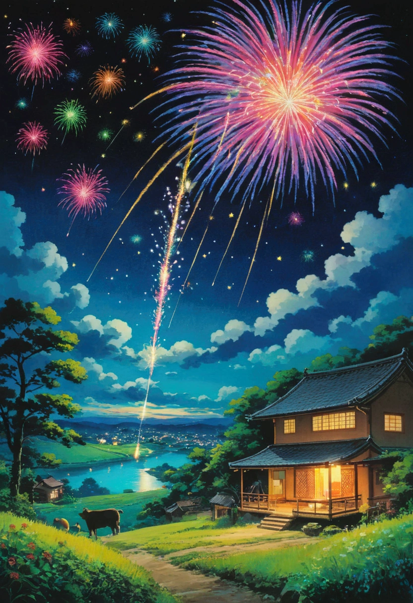 Ghibli　night　countryside　Incense　firework