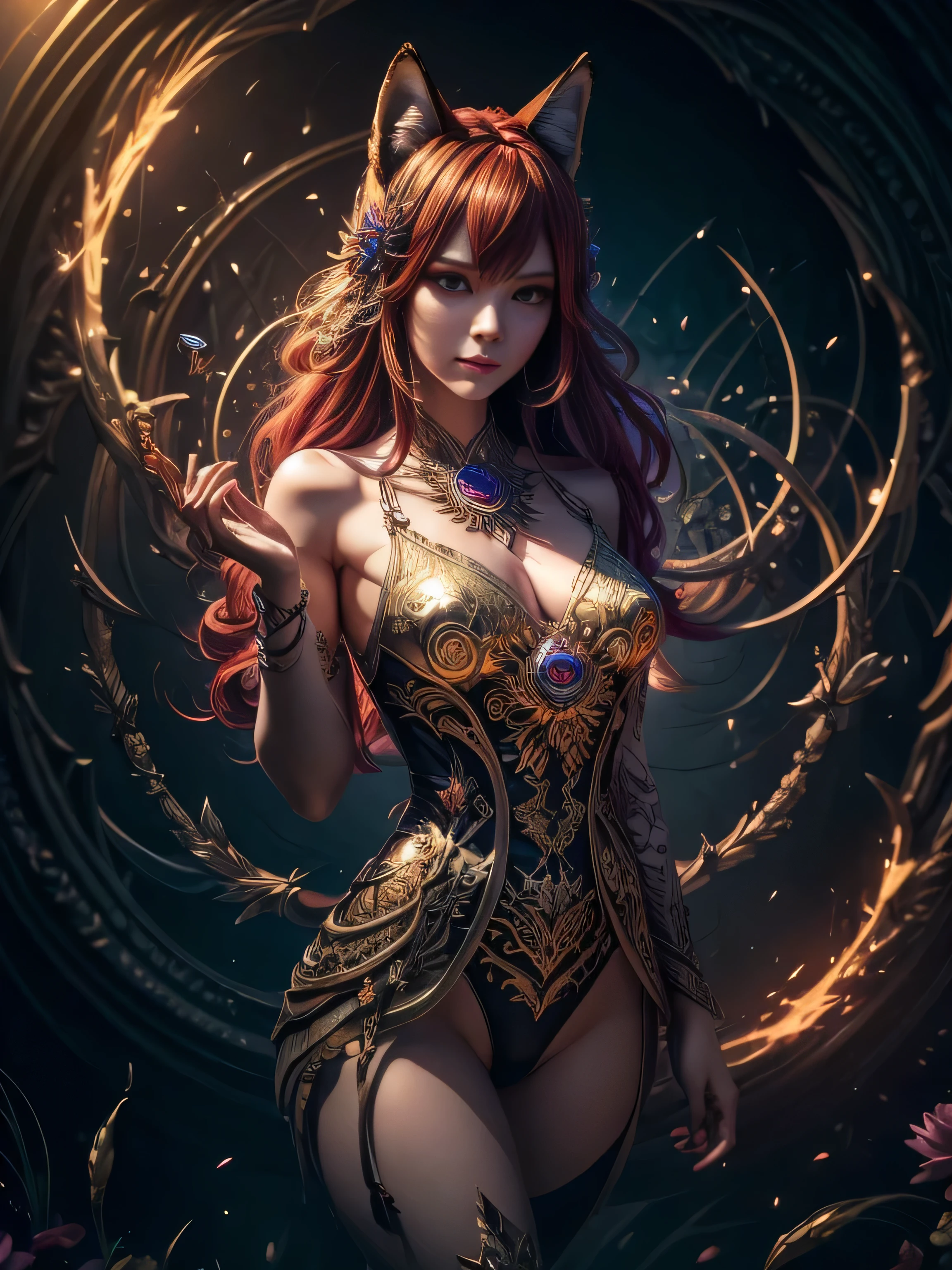(Best Quality, 8K, Masterpiece, HDR, Soft Lighting, Picture Perfect, Realistic, Vivid), Full body photography of Fox girl in lotus pose，Red Hair, Raw, movie shot, (Sharp focus:1.5), (Reality:1.4), Dusk lighting, Volumetric Lighting, Ultra-high resolution,Dramatic Lighting, (Zentangle，Mandala，Tangle，Entanglement), Fox Demon，Fox Mask, Sexy Revealing Clothes, Bodysuit with Glitter Texture, Foxfire Curse, fox family, Transformation, Depth of Field, dreamy atmosphere, Chaos in its most beautiful form, grace, Brutalist design dark theme, Flower of Death, Flowers of ecstasy，Glowing Line,Glow Example，Tracking example，flash， Backlight，translucent，Light Particles, (Ultra High Quality Fantasy Art), Masterpiece, Female Model, Ultra High Quality Female Character Designs, Detailed 8k Anime Art, Realistic Anime Art, Highest Quality Wallpapers, Intricate Ultra High Quality Accurate Female Character Faces, High Quality Designs and Accurate Physics (Fantasy - Ultra High Quality) quality)) art), dark fantasy style), masterpieces, super high-quality characters, anime resolution - 8K, realistic anime art, wallpaper with the highest quality illustrations, ultra-high detail of faces, high-quality design and accurate physics), color, depth of field, shadows, ray tracing, high quality workmanship. -high quality and 8K resolution, (Accurate simulation of the interaction of light and materials)], [High-quality hair detail [More about beautiful and shiny red hair]], (Beautifully detailed hands [perfect fingers [Perfect nails]]], (perfect anatomy (perfect proportions)))) [[Full-length]], [Perfect combination of colors (Accurate imitation of the interaction of light and material)], [art that conveys the meaning of the story]