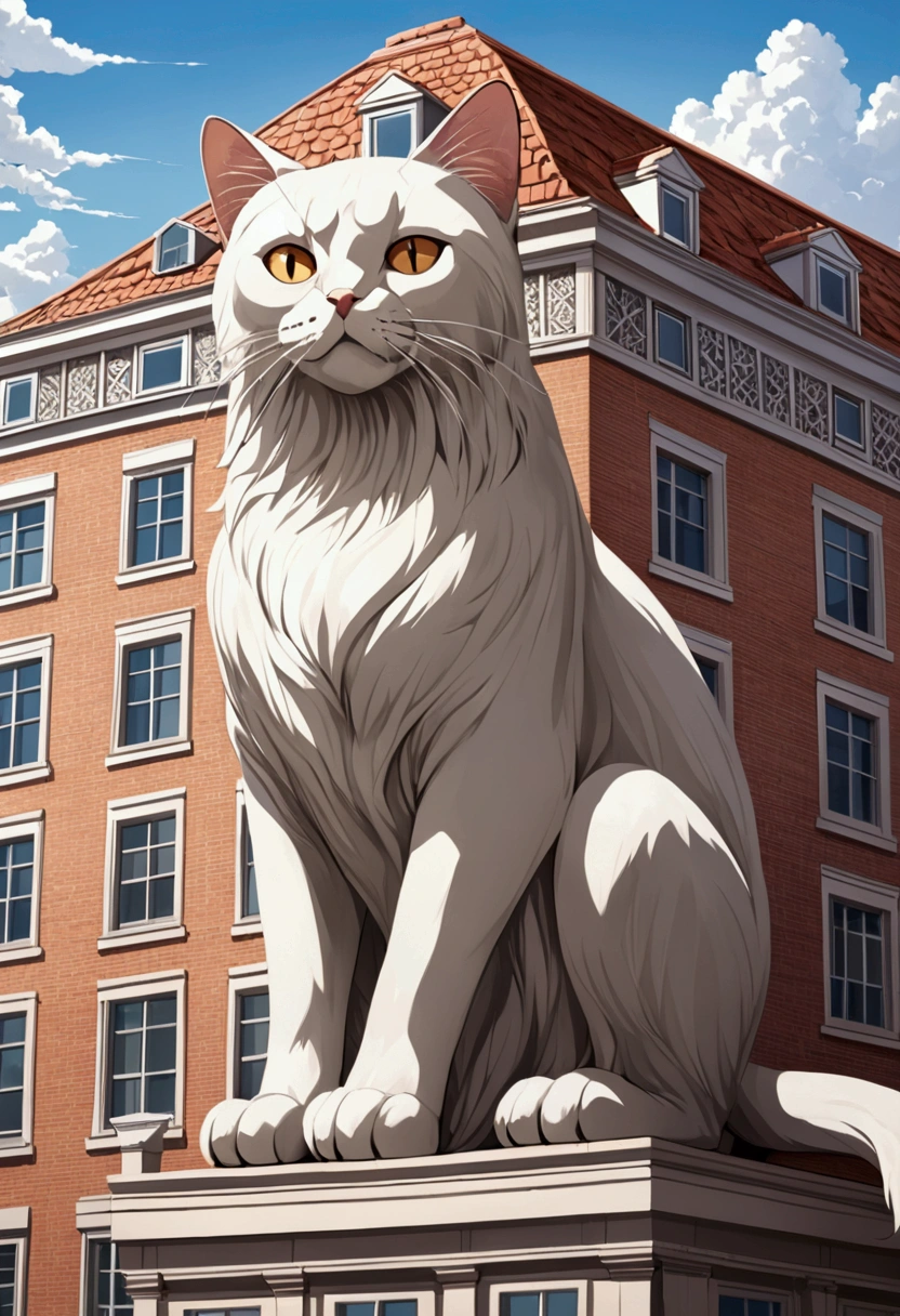 A giant cat straddling a building