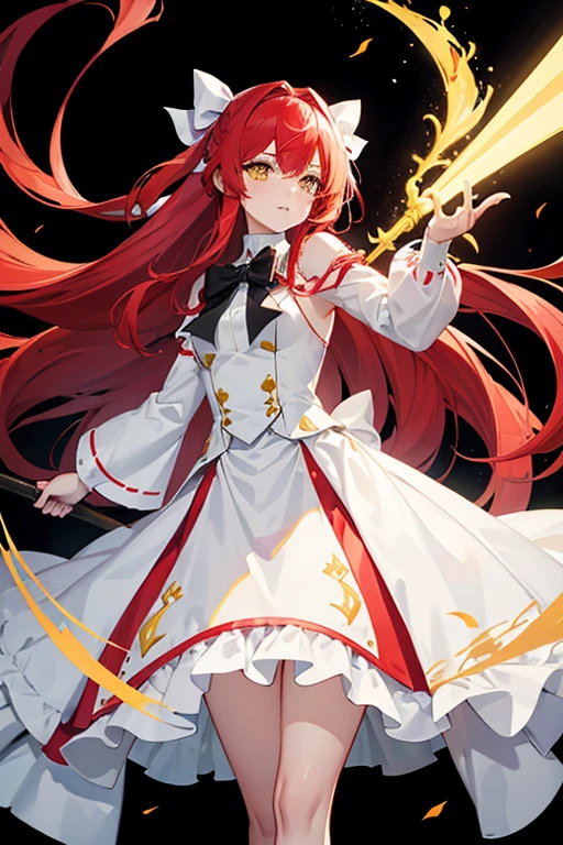 Make a girl with long red hair, yellow eyes, wearing a big white bow, with white clothing that covers the entire body , holding a battle spear