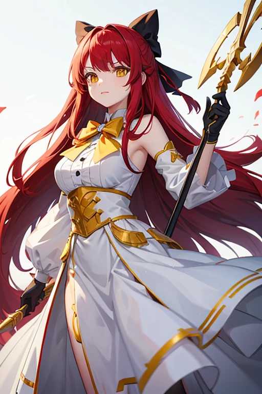 Make a girl with long red hair, yellow eyes, wearing a big white bow, with white clothing that covers the entire body , holding a battle spear