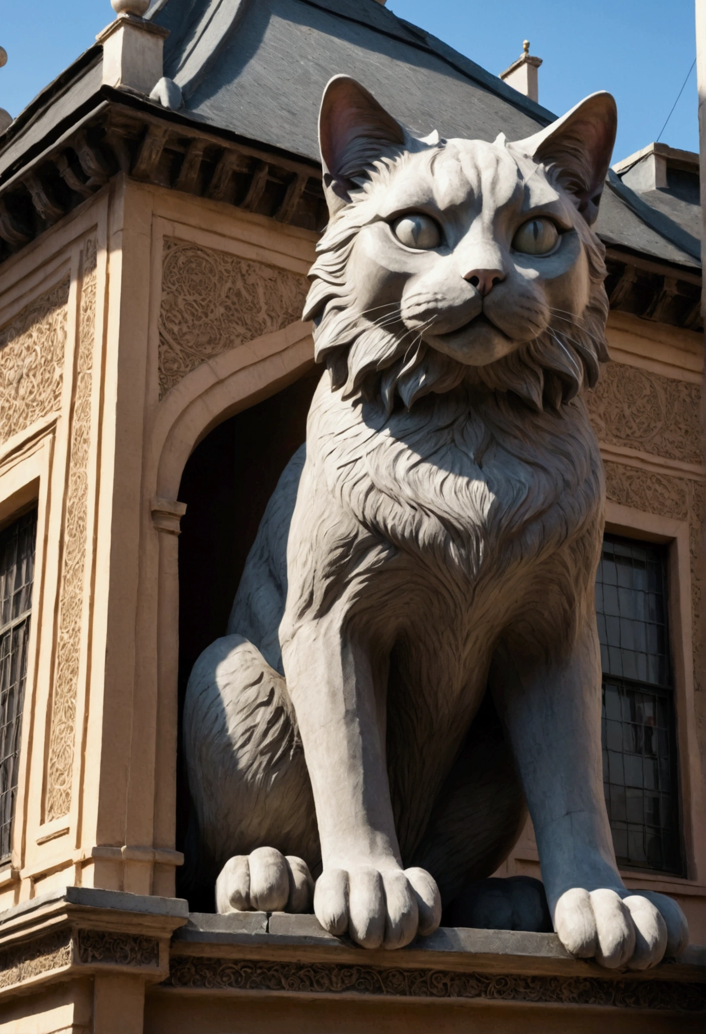 A giant cat straddling a building