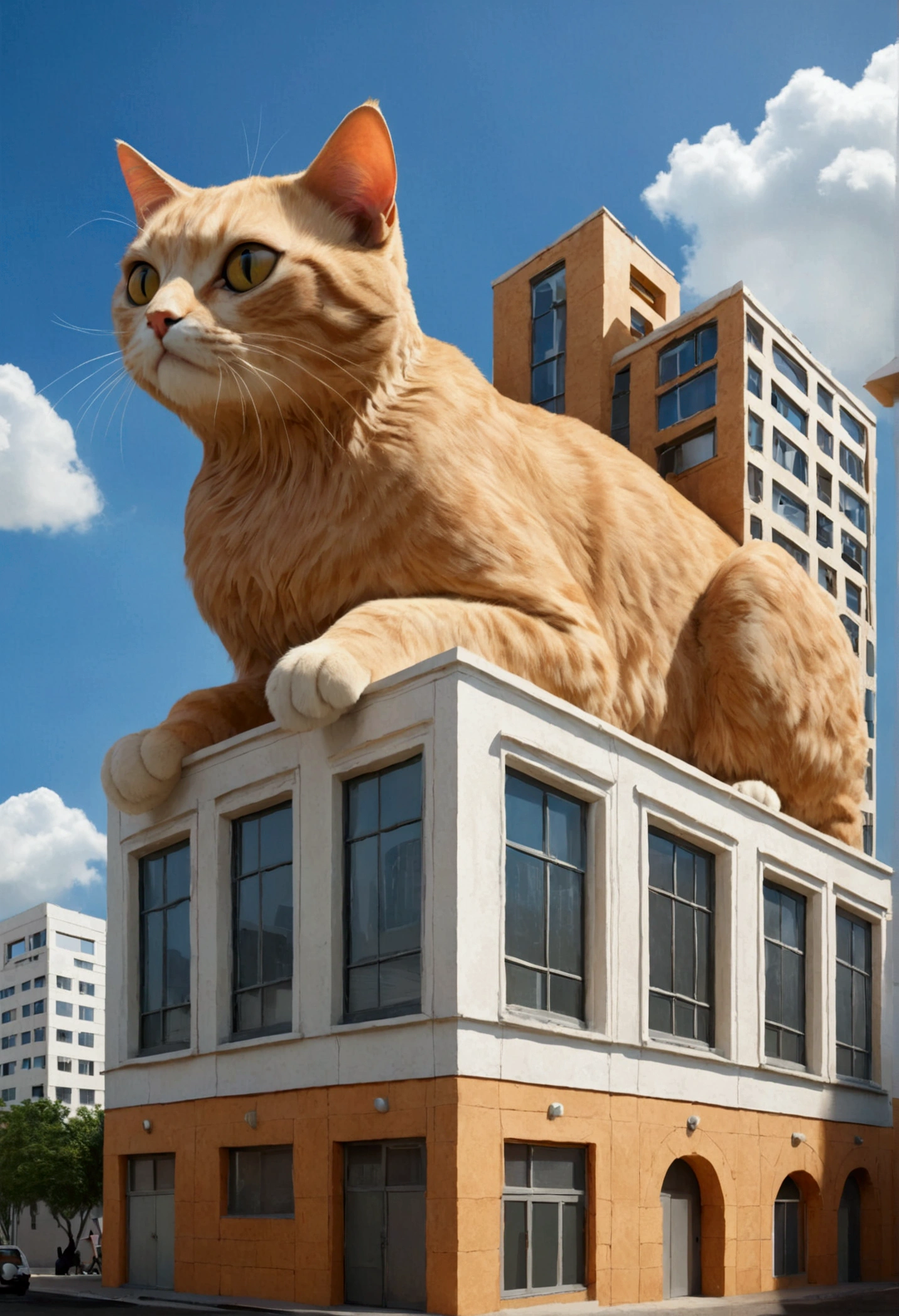 A giant cat straddling a building