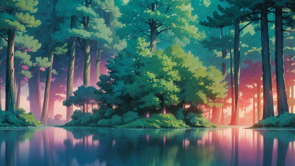 a house in magical forest in surreal anime style for ambient music cover. Giant trees with twisted trunks and luminescent leaves in pastel tones. A central clearing reveals a crystalline lake reflecting the sunset; glass butterflies float across the scene.. Smooth and ethereal animation style. Soft and dreamlike color palette: deep blues, soft greens and delicate pinks. The general atmosphere is serene and mystical. Composition that invites the viewer to immerse themselves in this dream world