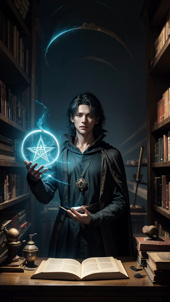 Sorcerer doing spells, look at the camera, books floating in the background, illuminated magic symbols scattered around the sorcerer, background shelves with books in perspective, colored fog, enigmatic atmosphere, cinematic lighting. Artistic movie poster style photography.
